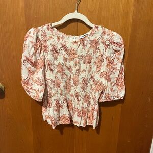 Express Women’s Linen-Blend Printed Smocked Puff Sleeve Peplum Top -Medium